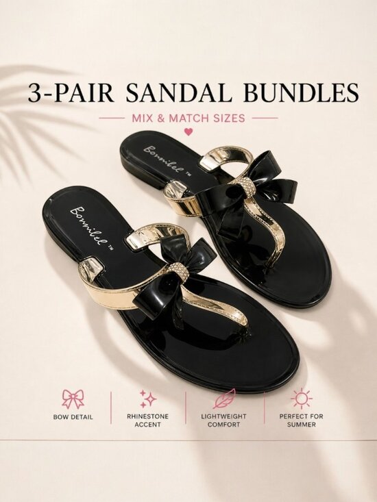 Bonnibel Shoes - 3-Pair Bow Rhinestone Sandal Bundles | Mixed Sizes 6–10 | Wholesale Reseller Lot